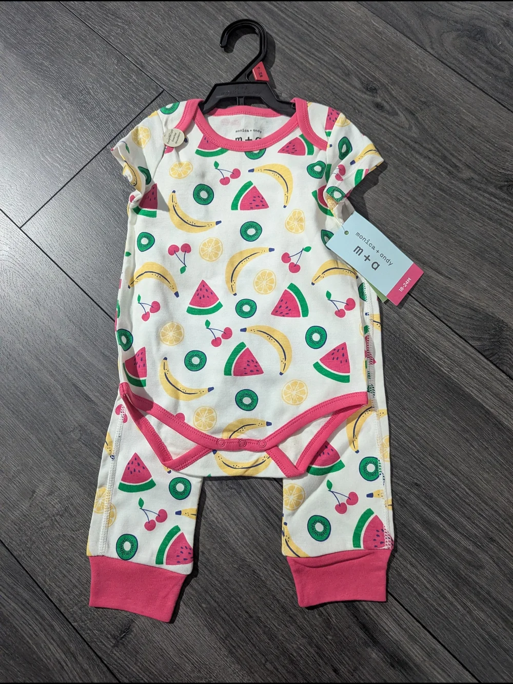 M+O GOTS Certified Organic Cotton Kids Fruit Print Pink-Trim Onesie And Pant Set